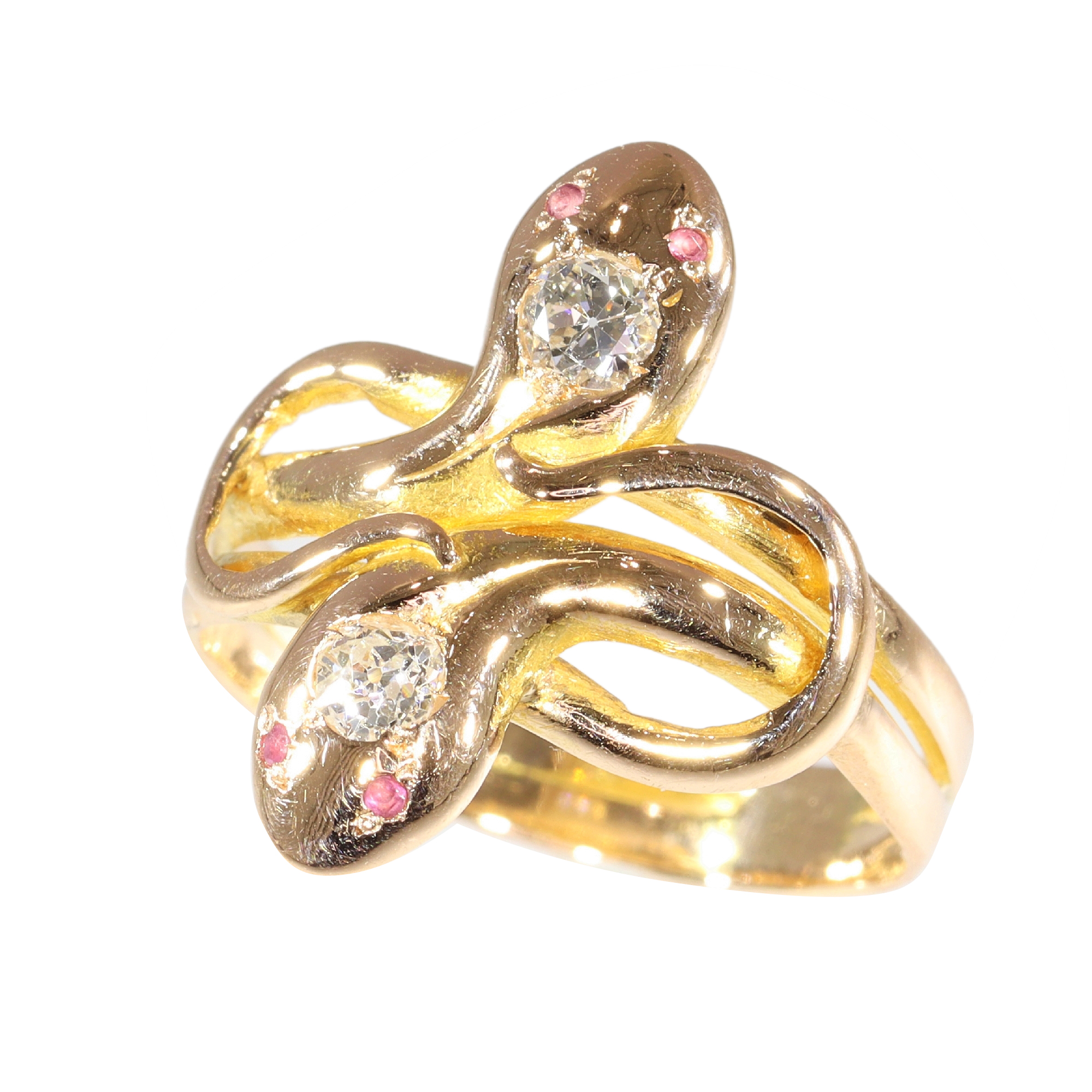 Symbolic Elegance: Antique Double Snake Ring with Diamonds and Rubies